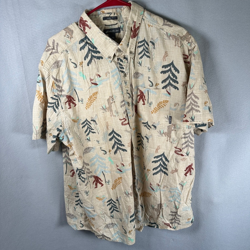 Eddie Bauer Mens 2XL Bigfoot Cryptid Print Cotton Short Sleeve Button Down Shirt